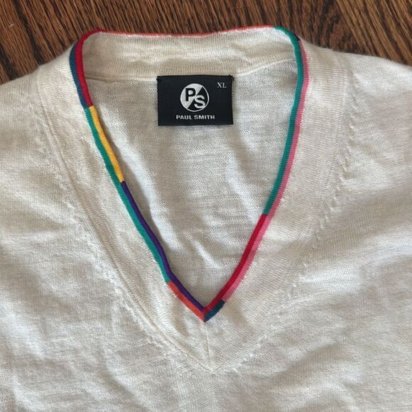 Paul Smith Wool V-neck Lightweight Sweater with Colorful Stripes Size XL - Picture 3 of 6